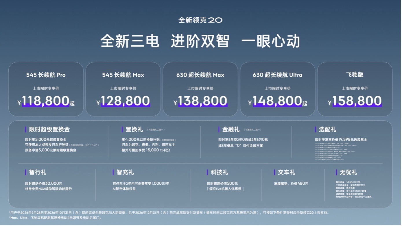 全面普及800V平台+6C快充+高阶智驾领克20上市限时1188万起